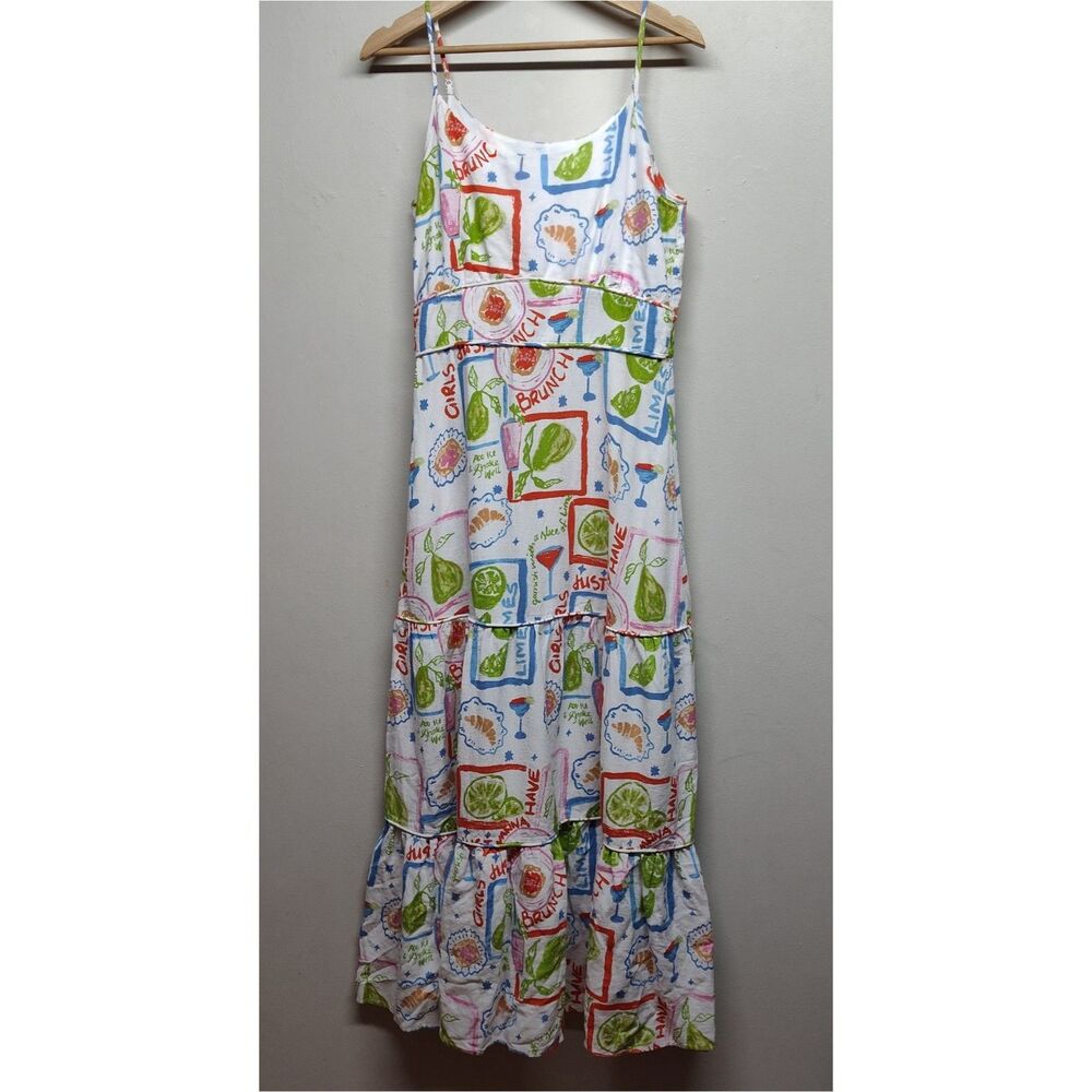 Cynthia Rowly Girls Brunch Maxi Dress Women M White Novelty Linen Resortwear